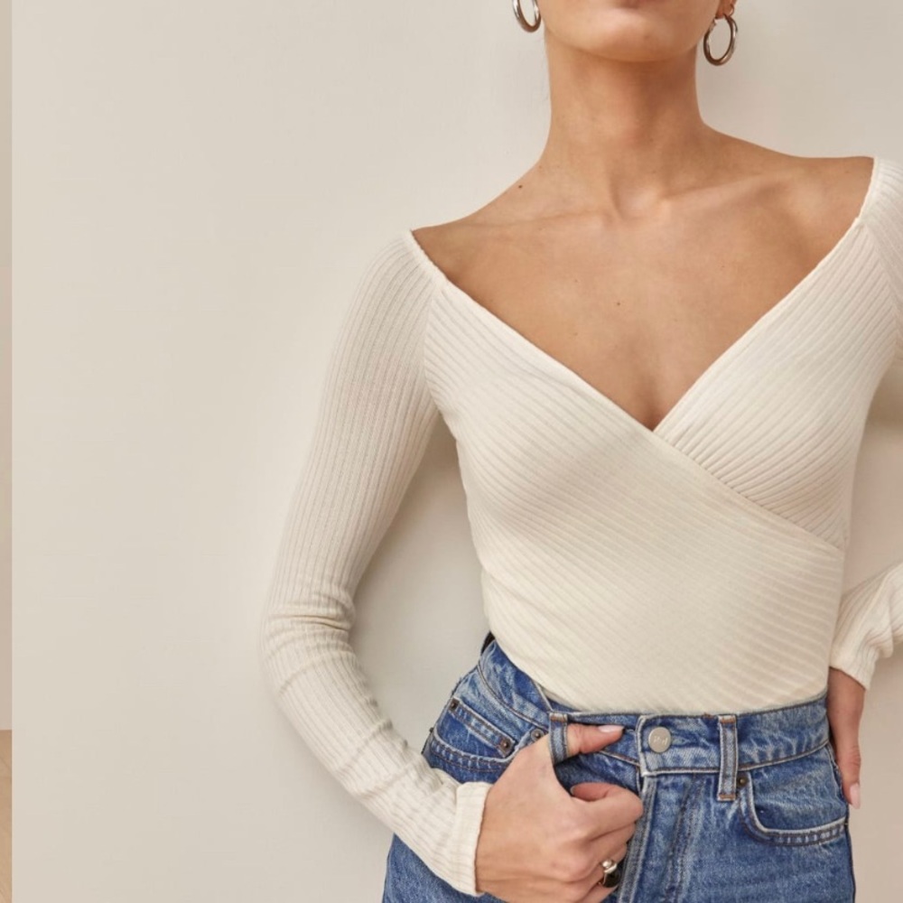 Reformation Cream Ribbed Wrap Long Sleeve Top